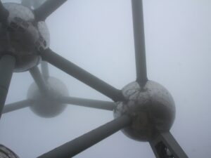 Foggy view of Brussels Atomium structure nbcreations