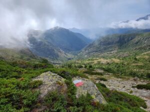 Marked hiking trail on a mossy rock overlooking a misty mountain valley – GR20 Corsica landscape - nbcreations
