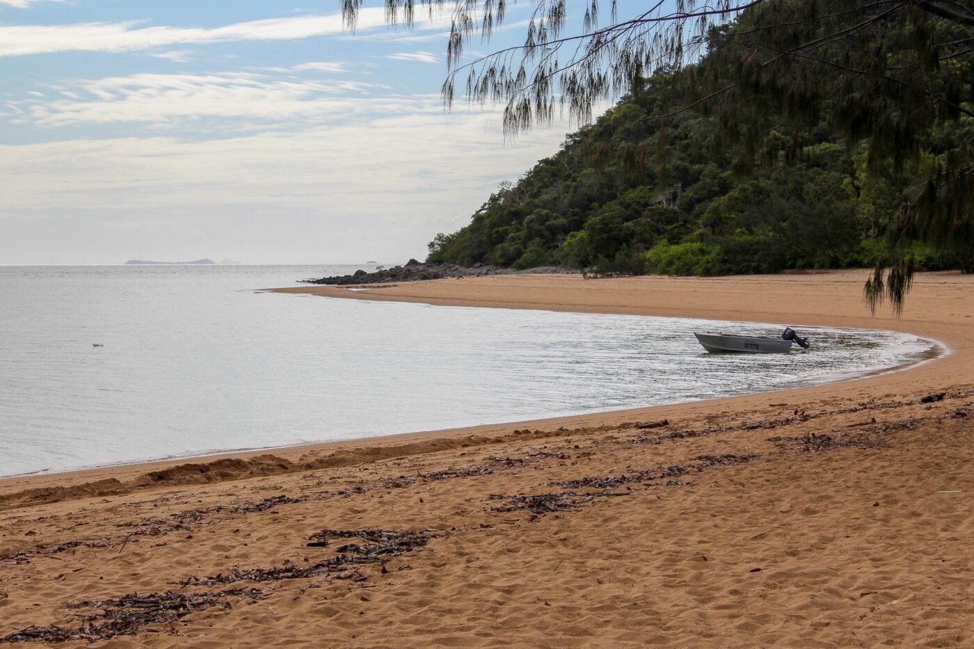 Small fishing boat on calm water with sandy beach and forest in the background – peaceful coastal landscape - nbcreations