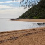 Small fishing boat on calm water with sandy beach and forest in the background – peaceful coastal landscape - nbcreations
