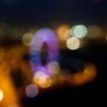 Abstract bokeh effect with colored lights and a blurred ferris wheel at night.- nbcreations